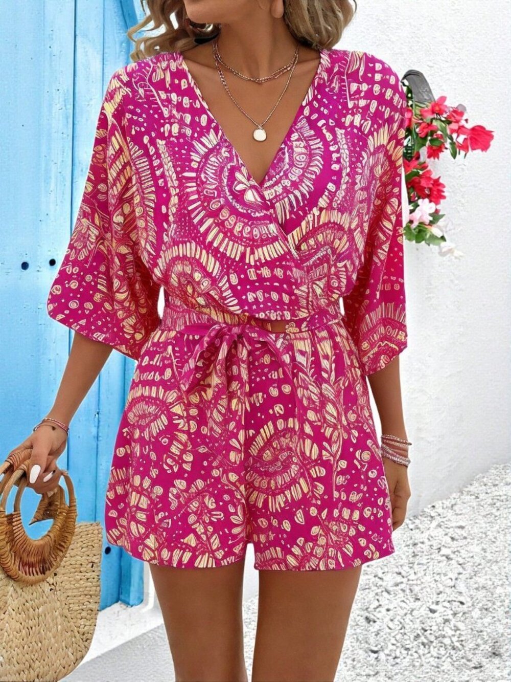 Hot Pink Boho Women's V-Neck Wrap Around Cinched Waist Floral Print Jumpsuit